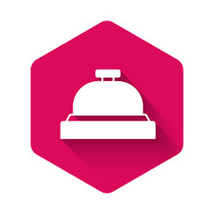 White Hotel service bell icon isolated with long shadow background. Reception bell. Pink hexagon button. Vector