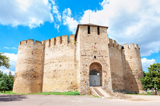 Facade of historic fort in Soroca from Moldova , before restoration . Medieval fortress tourist attraction, Cetatea Soroca