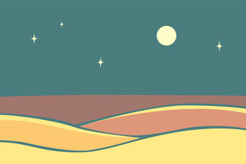 Vector flat illustration: deep night in desert. Dark blue sky , round moon , stars, warm beige sand with spots of moonlight. Design for card, poster, picture, flyer about travel, tourism.
