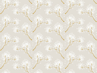 Simple seamless nature pattern with branch and flowers. Pastel colours, vintage retro style. Print for textile, fabrics, interior, wallpaper, baby room. 