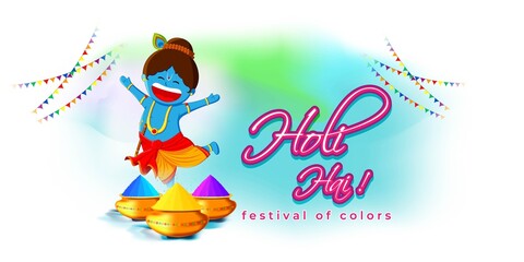 Vector illustration concept of Happy Holi greeting with holi elements on colorful background. The festival of colors. Popular Hindu festival.