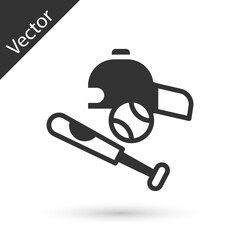 Grey Baseball bat with ball, hat icon isolated on white background. Vector