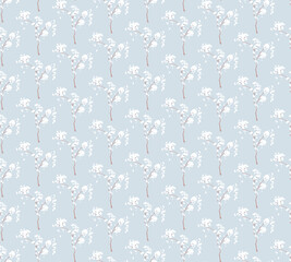 Simple seamless nature pattern with branch and flowers. Pastel blue colours, vintage retro style. Print for textile, fabrics, interior, wallpaper, baby room. 