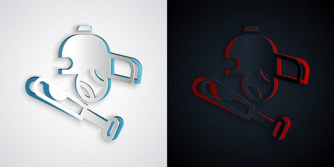 Paper cut Baseball bat with ball, hat icon isolated on grey and black background. Paper art style. Vector