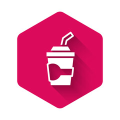 White Paper glass with drinking straw and water icon isolated with long shadow background. Soda drink glass. Fresh cold beverage symbol. Pink hexagon button. Vector