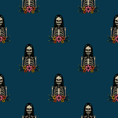 color skeleton girl on green background seamless pattern