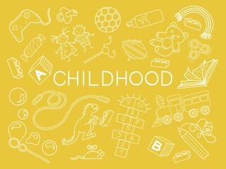 Set with objects about childhood. Isolated on yellow fon. Toys, constructor, pencil, drawings, cubes, bubbles, train, rainbow, mouse, candy, joystick, ball. Vector illustration, book. Children life.