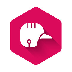 White Baseball helmet icon isolated with long shadow background. Pink hexagon button. Vector