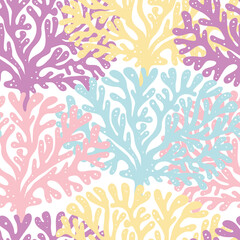 Fototapeta na wymiar Vector blue purple pink yellow coral tree hand drawn seamless pattern print background.