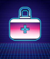 Retro style First aid kit icon isolated futuristic landscape background. Medical box with cross. Medical equipment for emergency. Healthcare concept. 80s fashion party. Vector
