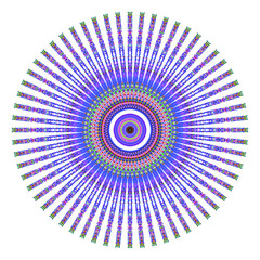 Creative multicolored points round symbol. Abstract symmetrical logo. Mosaic colorful beautiful beads. Circle dots modern pixel floral art icon. Colored pattern ornament wheel decorative illustration.