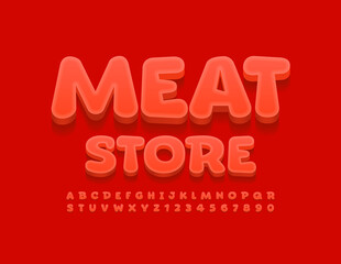 Vector bright logo Meat Store. Red creative Font. Comic style Alphabet Letters and Numbers set