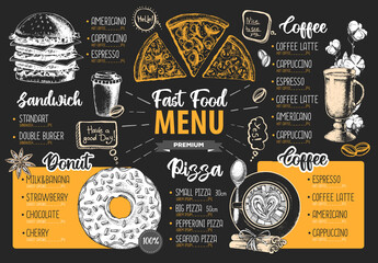 Fototapeta premium Restaurant menu design. Decorative sketch of pizza, sandwich and dessert. Fast food menu