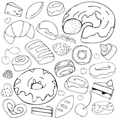 Set of different desserts, sweets and food. Vector illustration. Hand drawn