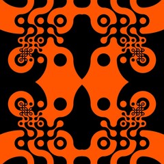 contemporary design in modern art study with abstract shapes and composition in bright orange on jet black background
