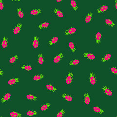 Seamless exotic pattern of bright and juicy dragon fruit for colorful fabrics.