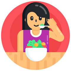 
A girl eating salad, flat rounded icon 

