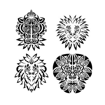 Lion tattoo set. Lion's face in boho style. Exclusive style. Vector illustrator. © Javvani