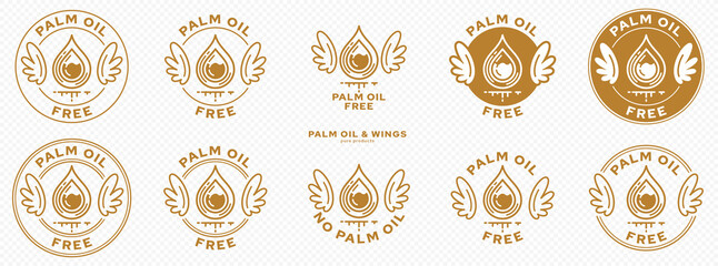 Concept for product packaging. Labeling - no palm oil. The stamp with wings, palm oil drop and liquid ingredient line is a symbol of freedom from the ingredient. Vector elements.