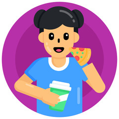 
A baby eating eating pizza, flat round icon

