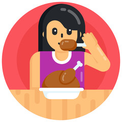 
Girl eating drumsticks, flat round icon 

