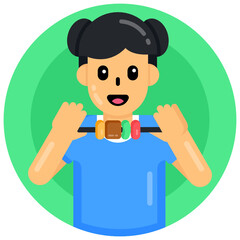 
Girl eating skewer food, flat round icon 

