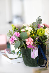 colorful bouquet of spring flowers - spring flower box with cloves, roses and eucalyptus