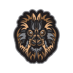 Lion print. Lion face in Mayan style. Good covers postcards and printing. Exclusive style. Vector