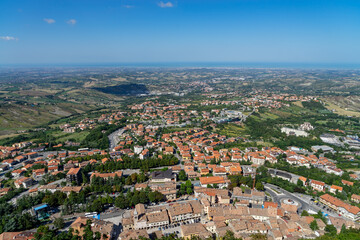 Fototapeta na wymiar View towards Rimini and Adriatic Sea from Rocca della Guaita, castle in San Marino republic, Italy