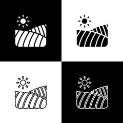 Set Agriculture wheat field farm rural nature scene landscape icon isolated on black and white background. Vector