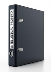 Black folder with intellectual property label isolated on white background. 3D illustration