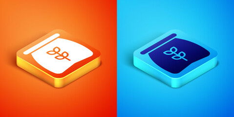 Isometric Bag of flour icon isolated on orange and blue background. Vector