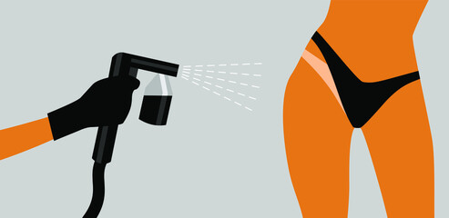 Hand in a black glove with a black spray tan machine sprays tan on a woman's body in black bikini. Vector illustration of auto tanning procedure