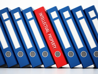 Red folder with intellectual property label standing out among regular folders. 3D illustration