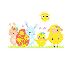 Easter lamb, rabbit and chicken are carrying a festive egg.