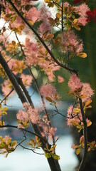 The beautiful flowers blooming in the garden with the warm sunlight