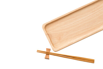 Empty sushi tray board with chopsticks on white background. Top view of plank wood for graphic stand product, interior design or montage display your product.
