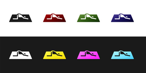 Set Muslim man prays on the carpet icon isolated on black and white background. Vector