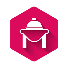 White Table food icon isolated with long shadow background. Pink hexagon button. Vector