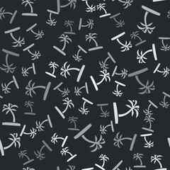 Grey Tropical palm tree icon isolated seamless pattern on black background. Coconut palm tree. Vector