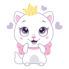 White cat with crown delighted, happy kitten princess vector cartoon illustration