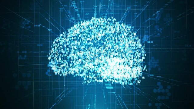 Digital network technology deep learning animation concept. Abstract coding digit brain perspective motion graphic seamless looping grid background.