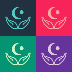 Pop art Star and crescent - symbol of Islam icon isolated on color background. Religion symbol. Vector