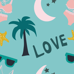 Fototapeta na wymiar Summer vector pattern. Moon with stars, palm tree, glasses and swimsuit. Summer mood.