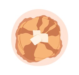 Stack of pancakes served with butter and honey or maple syrup. Top view of plate with sweet homemade hotcakes. Flat vector illustration of traditional American food isolated on white background