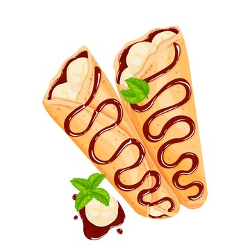 Crepes with bananas, chocolate and mint leaf. Pancakes vector illustration  for ad design cafe or restaurant. Stock Vector | Adobe Stock