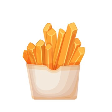 Vector french fries in carton package. Icon fast food for street cafe and cinema menu.