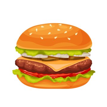 Hamburger or cheeseburger cartoon vector icon. Fast food takeaway meal for menu cafe design.