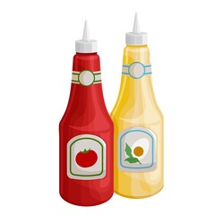 Mustard and tonato ketchup vector icon. Dispensers for mustard and ketchup, fast food topping squeeze bottles.