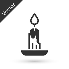 Grey Burning candle icon isolated on white background. Cylindrical candle stick with burning flame. Vector